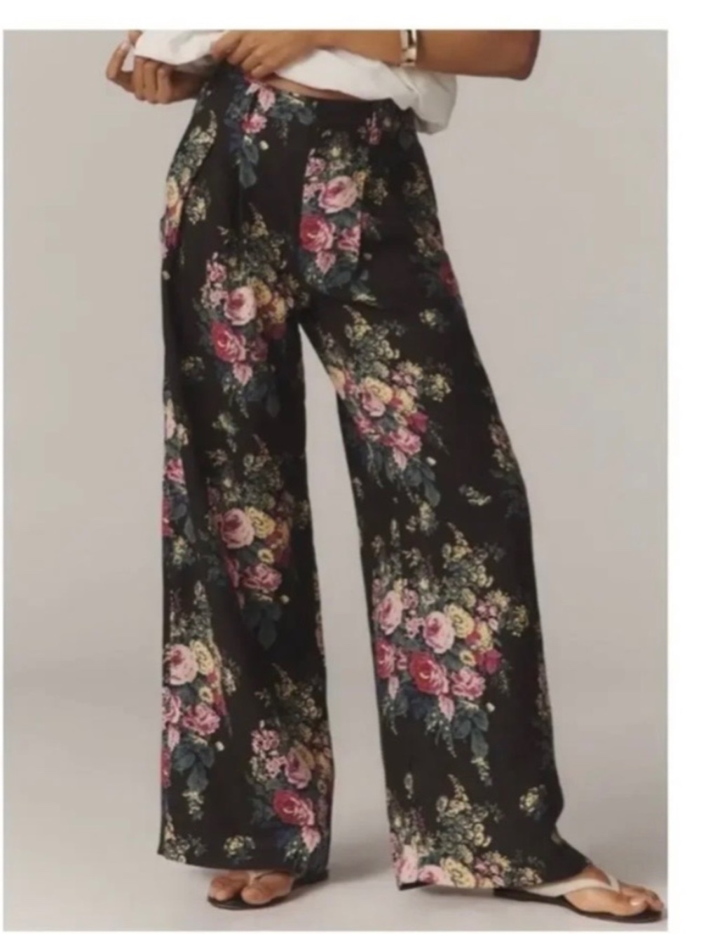 Floral Wide-Leg Pants - Black with Pink Rose Print